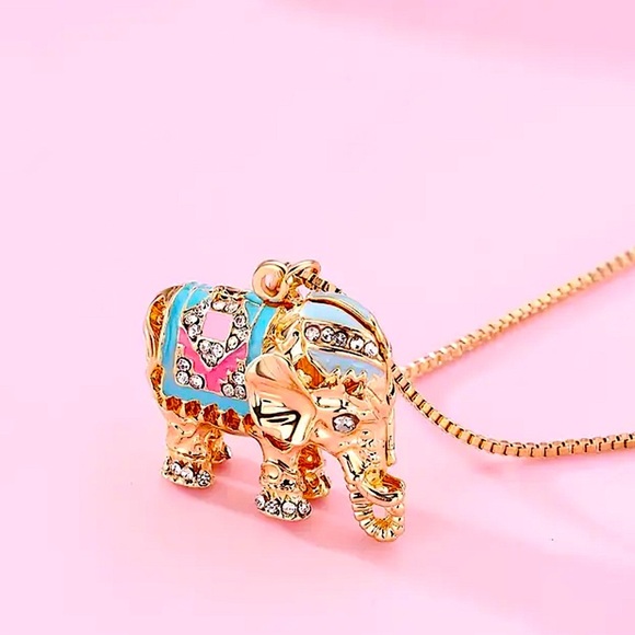 Gold-Plated Elephant Charm Necklace Symbol Strength Wisdom Rhinestone Multicolor - Picture 4 of 7